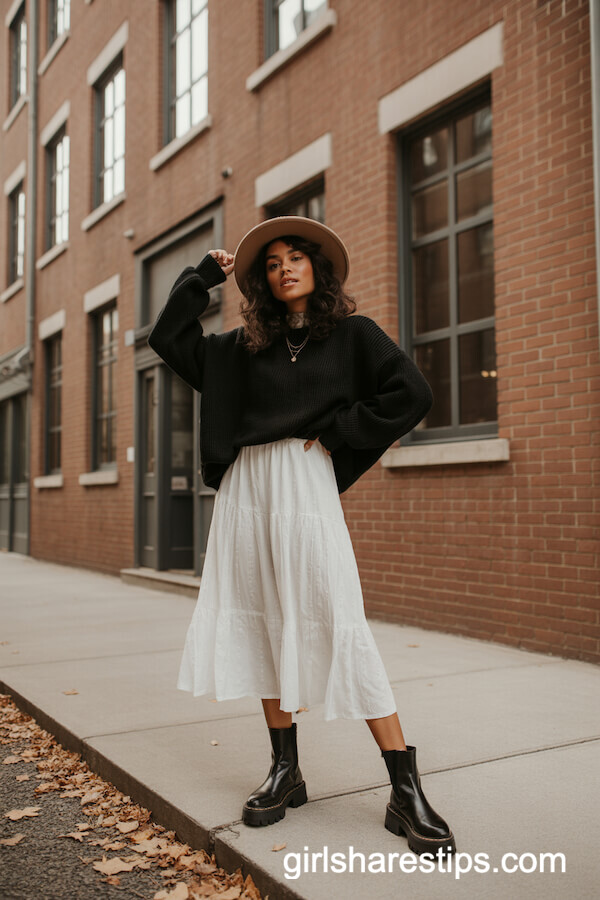 Flowy White Midi Skirt & Oversized Black Sweater