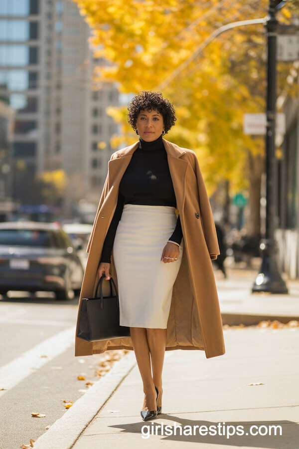 White Pencil Skirt with Camel Wrap Coat