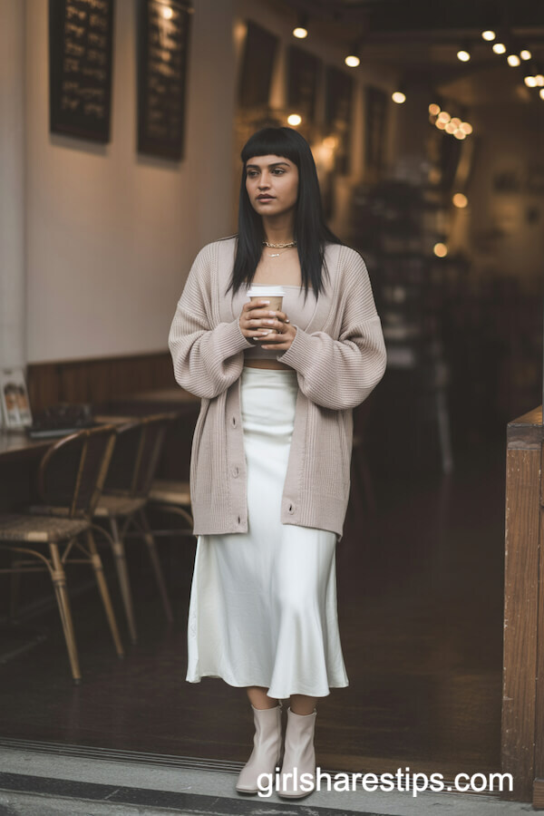 White Slip Skirt & Oversized Beige Cardigan