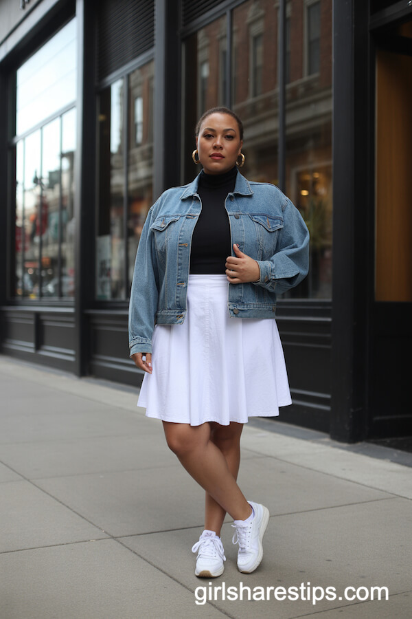 White A-Line Skirt with Denim Jacket