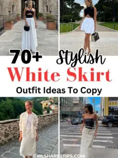 white skirt outfit ideas collage
