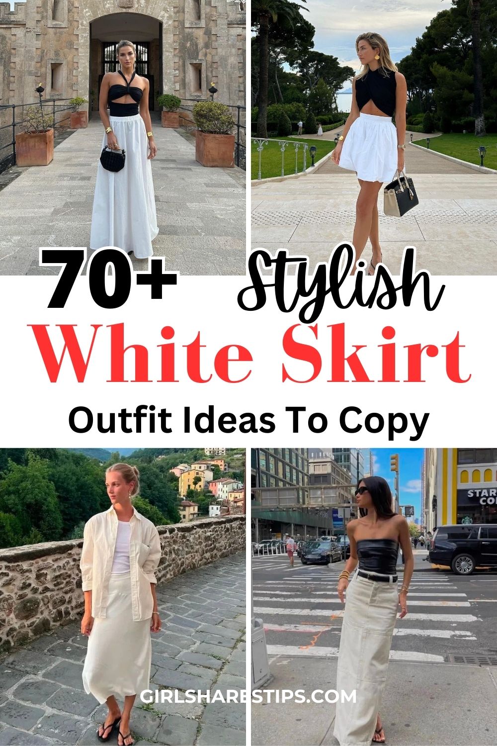 white skirt outfit ideas collage
