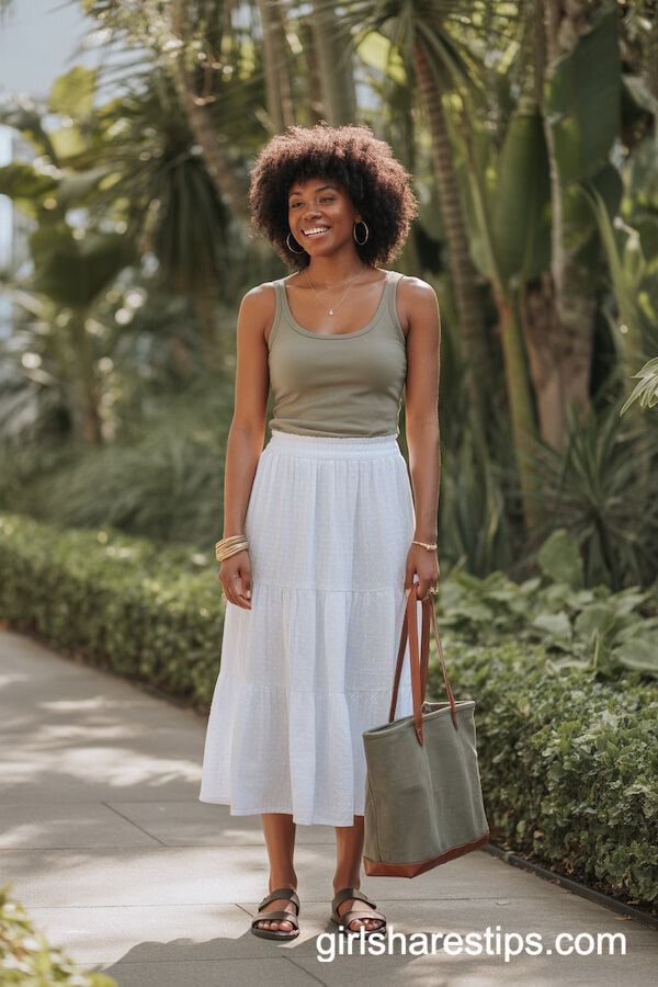 White Tiered Cotton Midi Skirt with Olive Tank Top
