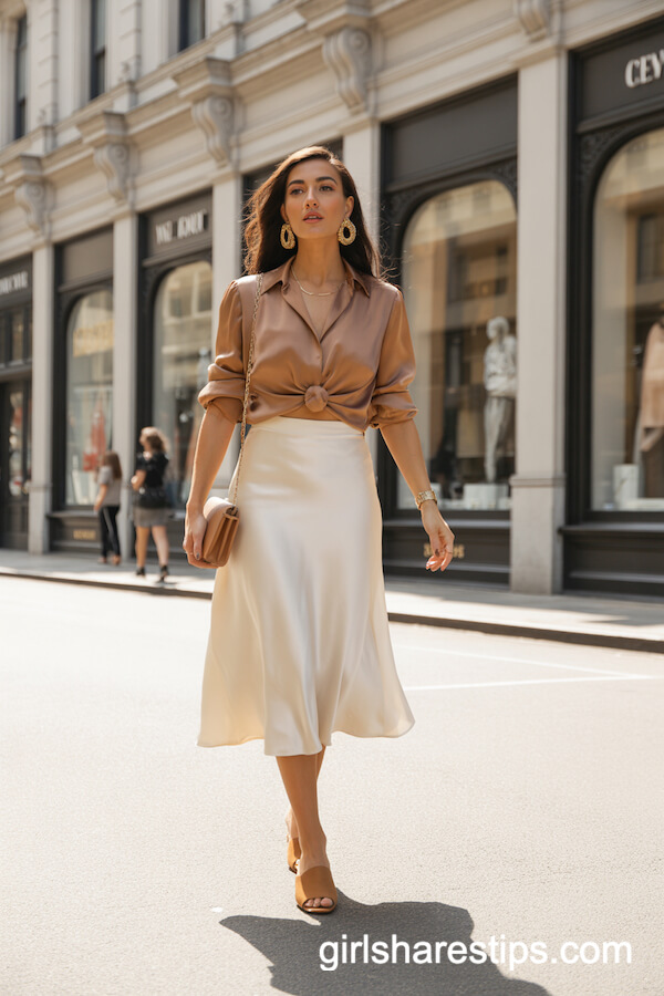 White Satin Midi Skirt with Camel-Colored Blouse
