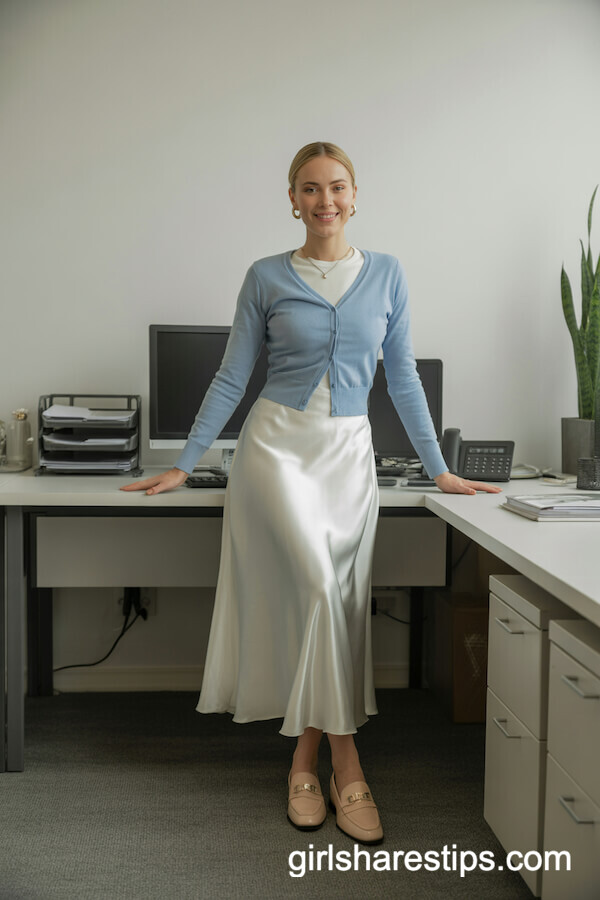 White Long Satin Skirt with Powder Blue Cardigan