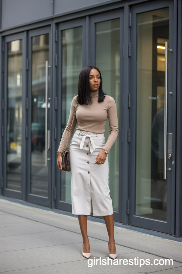 White Midi Pencil Skirt with Beige High-Neck Sweater