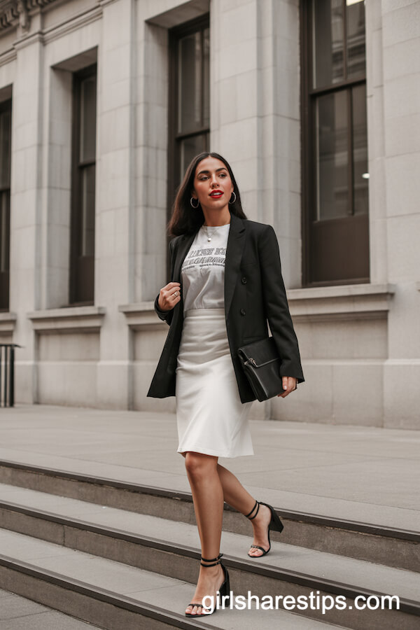 Knee-Length White Skirt with Black Blazer and Graphic Tee