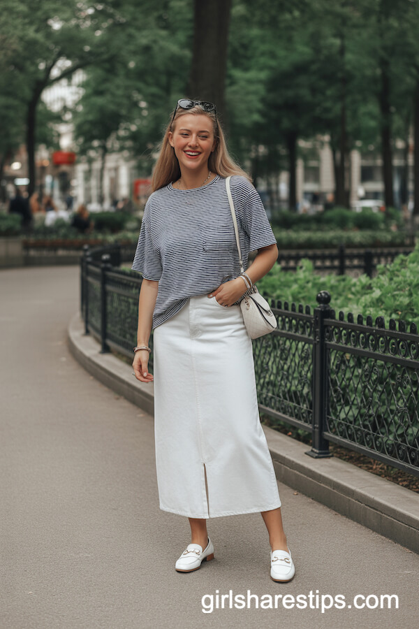 Long White Denim Skirt with Oversized Navy-and-White Striped T-Shirt