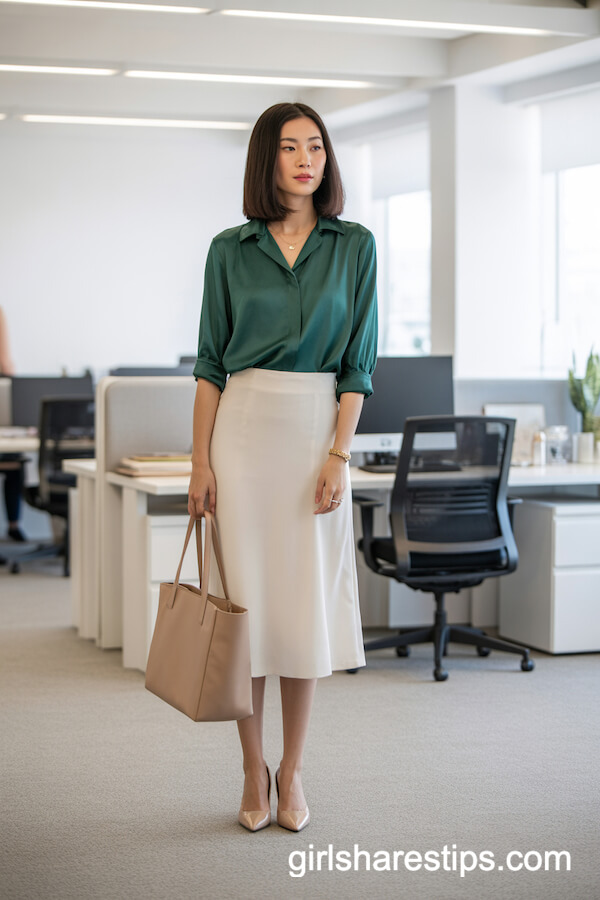 Sleek White Midi Skirt with Emerald Green Silk Blouse