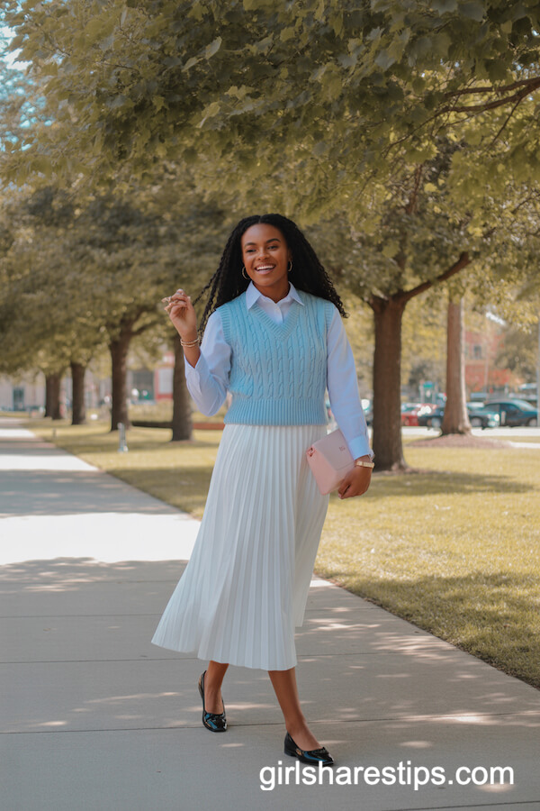 White Pleated Long Skirt with Light Blue Knit Vest