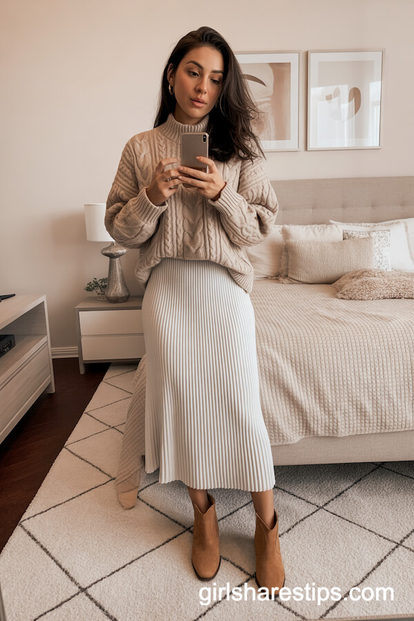 White Ribbed Midi Skirt with Beige Cable Knit Sweater