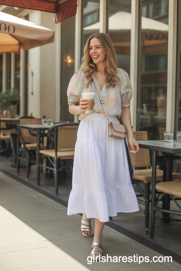 White Ruffled Midi Skirt with Pastel Floral Blouse