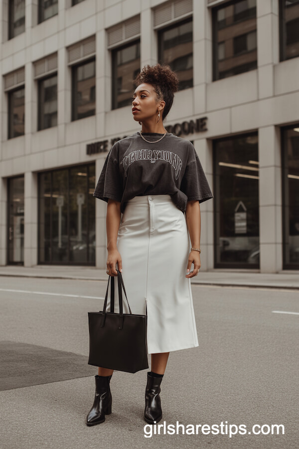 White Faux-Leather Midi Skirt with Black Graphic Tee