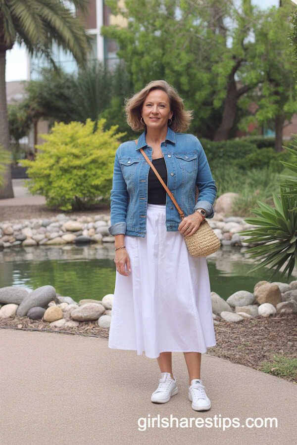 Casual Denim Jacket And White Skirt Look