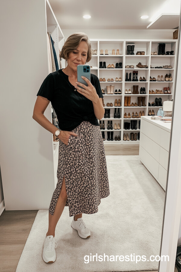 Black Tee And Floral Midi Skirt In Closet
