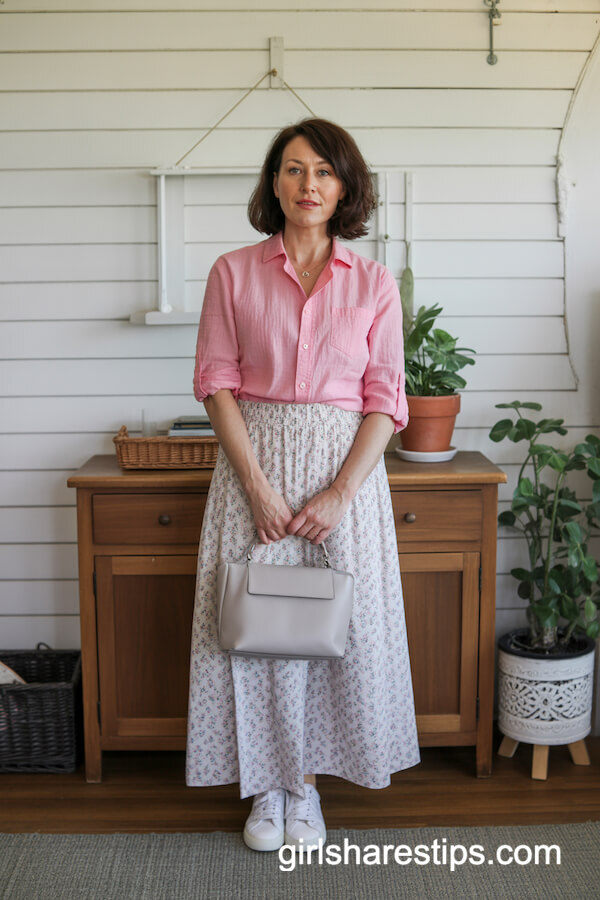 Pink Shirt With Floral Maxi Skirt Style