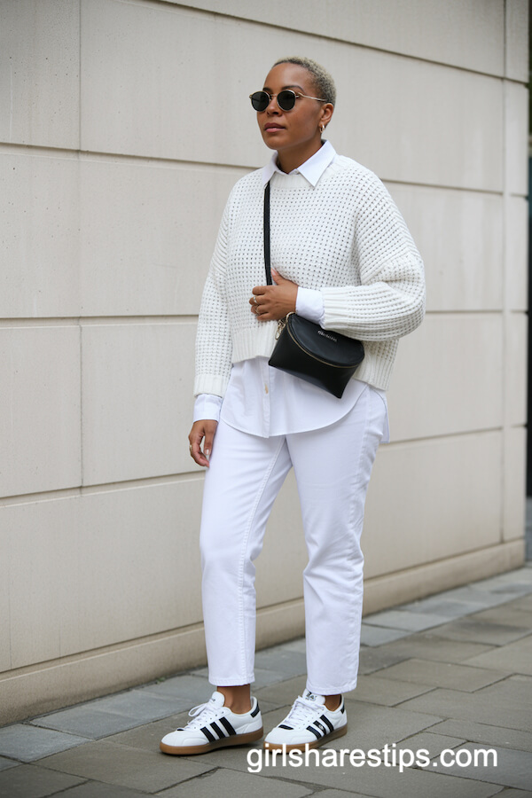 All White Chunky Knit Sweater Outfit