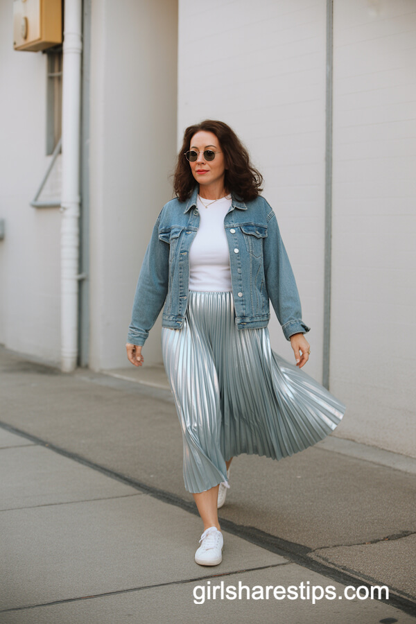 Denim Jacket And Silver Pleated Skirt Look
