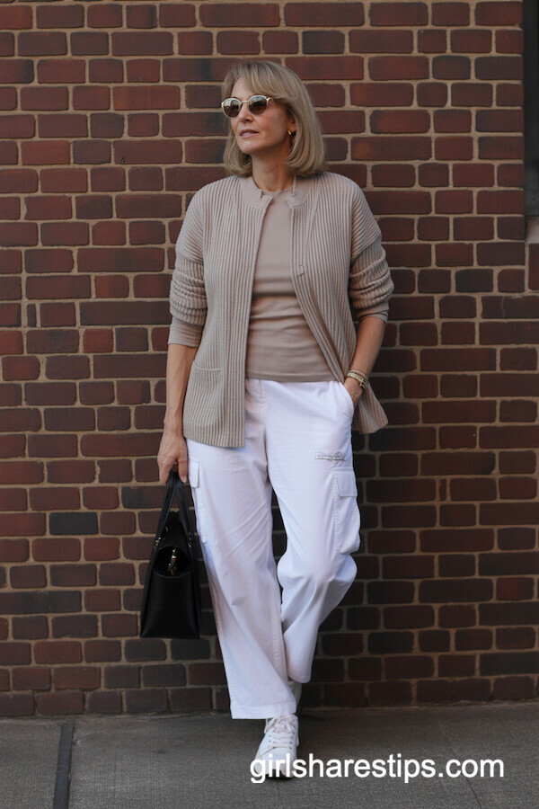 Beige Cardigan With Cargo Pants Combo