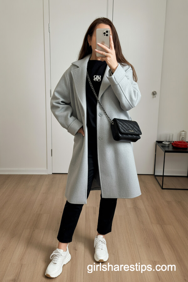Gray Wool Coat And Black Pants Mirror Look