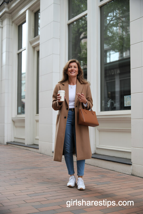 Camel Coat And Jeans Street Ensemble