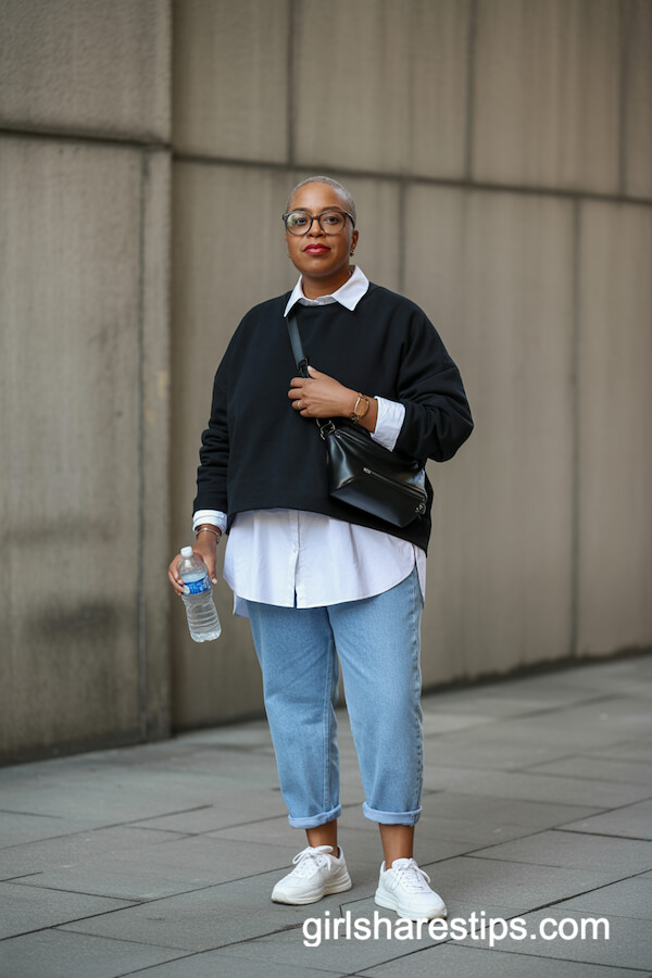 Black Sweater Layered Over White Shirt