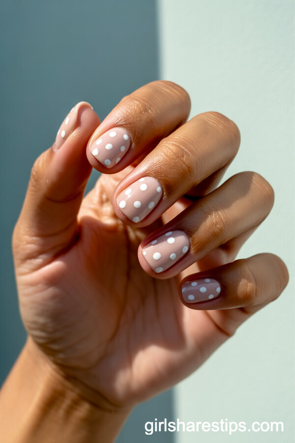 Soft Nude Nails with Minimalist White Polka Dots