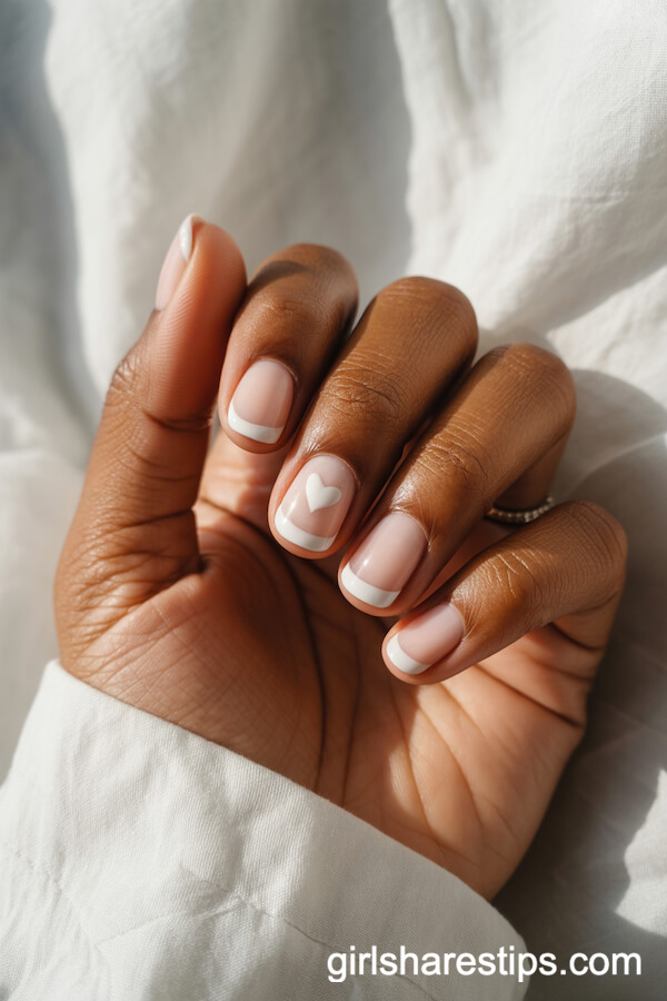 Short White Nails with Heart Accent on Rounded Tips