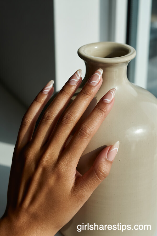 Nude and White Layered Wave Almond Nails