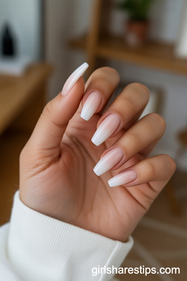 White to Nude Ombré Coffin Nails