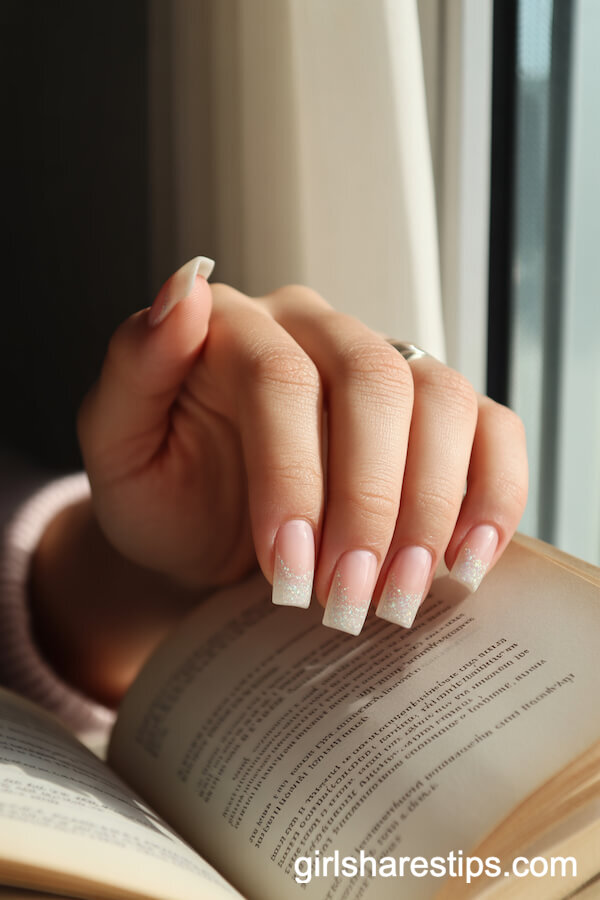 Sheer White Glitter-Tipped Square Nails