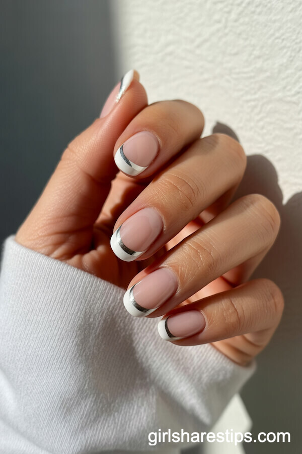 White French Manicure with Metallic Silver Stripe on Oval Nails