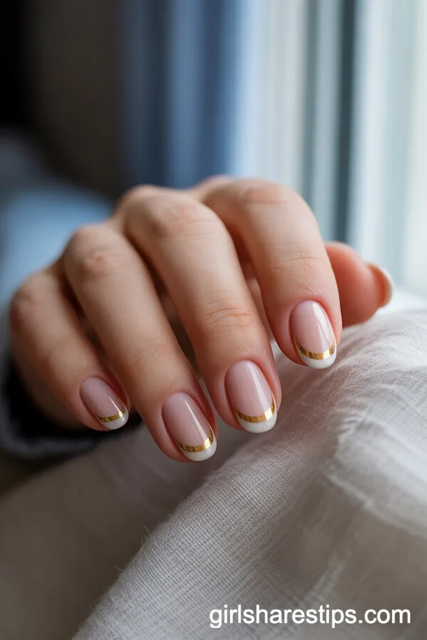 Classic White French Tips with Gold Foil on Oval Nails