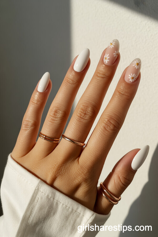 Opaque White Almond Nails with White Daisy and Gold Detail Accents