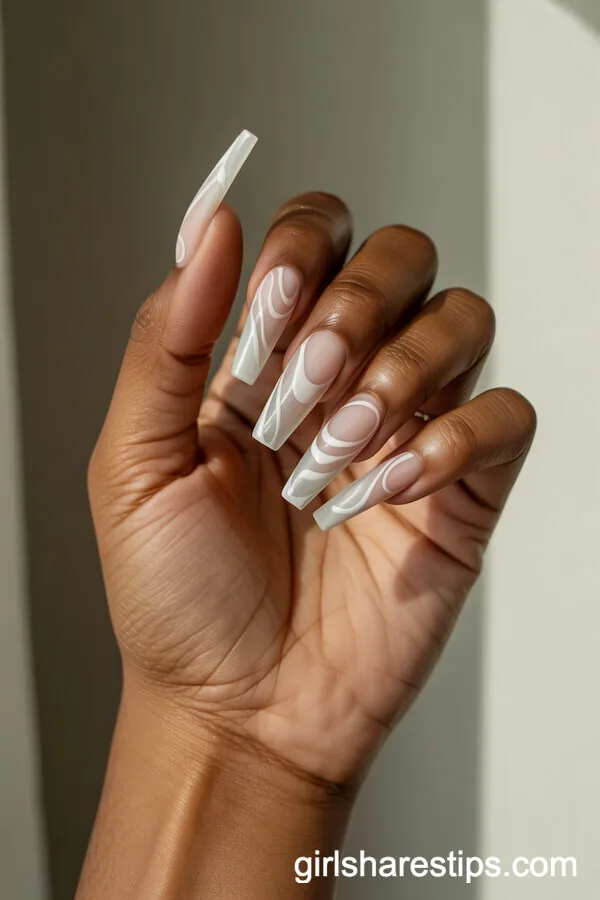 Long Coffin Nails with Modern White Swirl Patterns