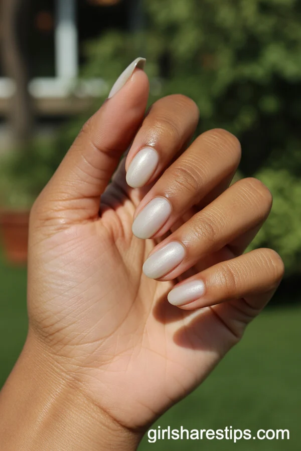 Milky Sheer White Oval Nails with Elegant Shimmer