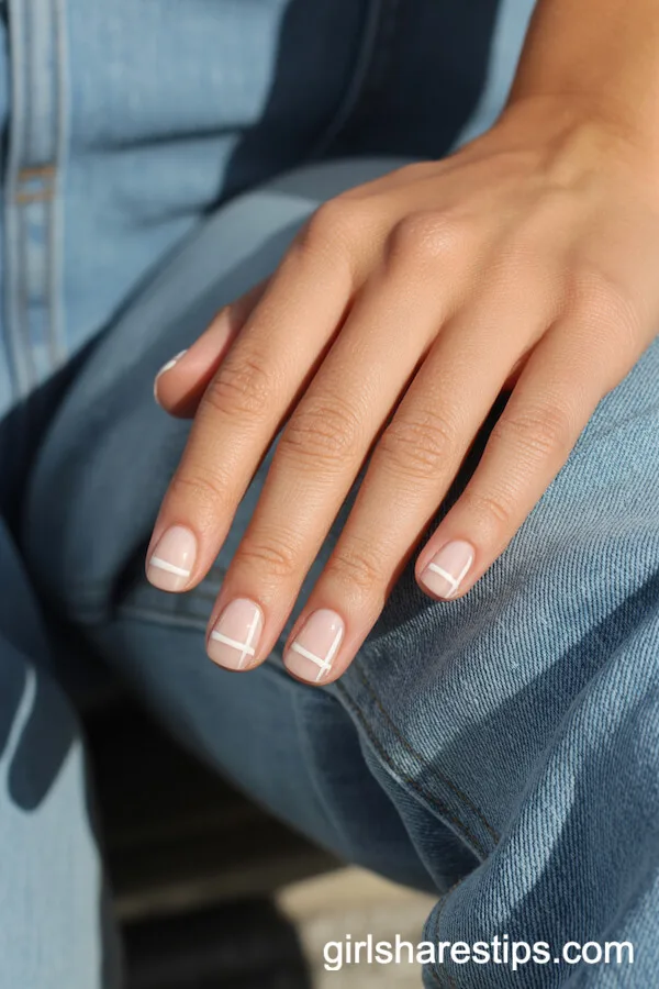 Short Square Nude Nails with Crisp White Geometric Lines
