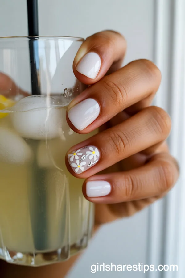 White Round Nails with Silver-Outlined Summer Floral Accent
