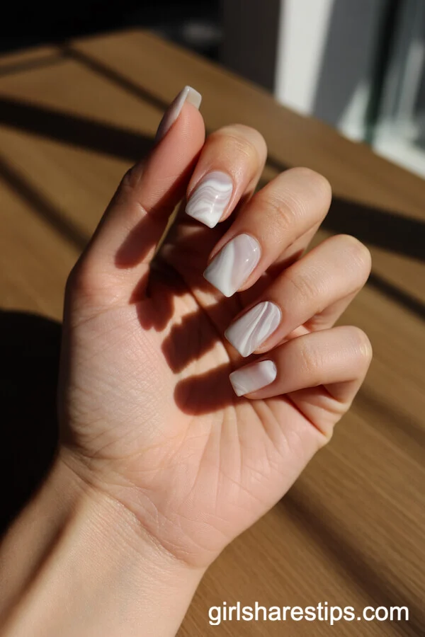 Translucent White Marble Square Nails with Gray Swirls