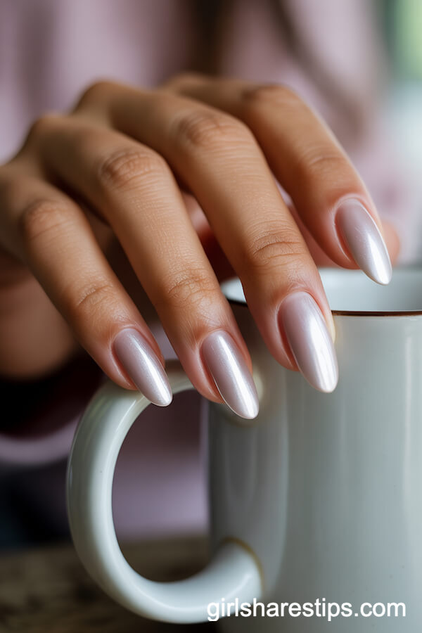 Shiny White Chrome Almond Nails