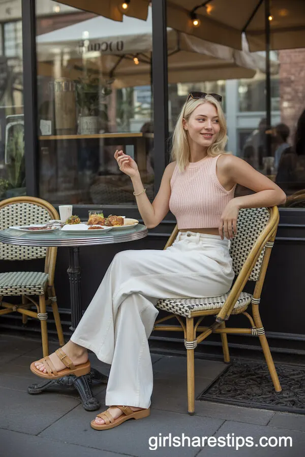 Brunch Ready: White Wide Leg Pants with Pastel Cropped Knit Top and Sandals