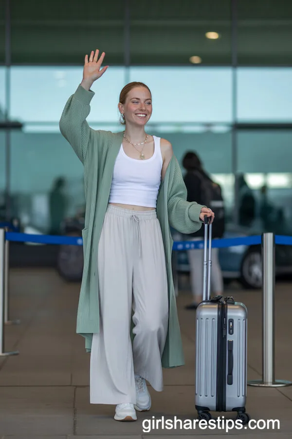Comfy Travel Style: White Wide Leg Pants with Cardigan and Sneakers