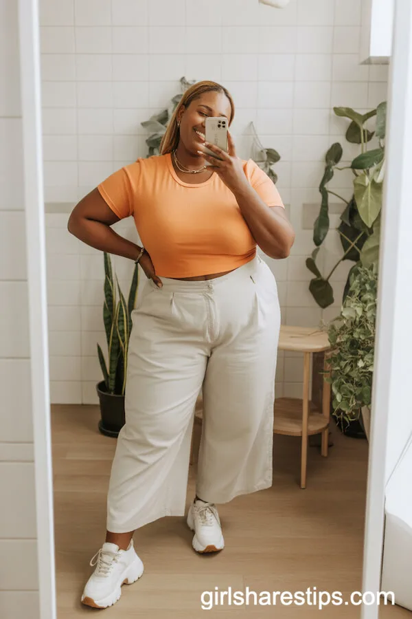 Bold & Bright: White Wide Leg Pants with Orange Tee and Chunky Sneakers