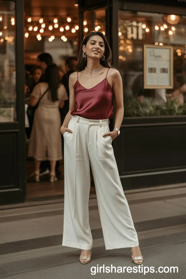 Elegant Evening: White Wide Leg Pants and Wine Red Camisole