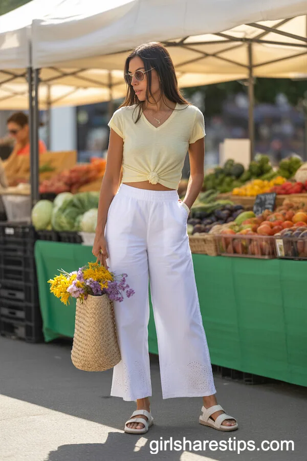 Casual Market Day: White Wide Leg Pants with Yellow Tee and Woven Tote