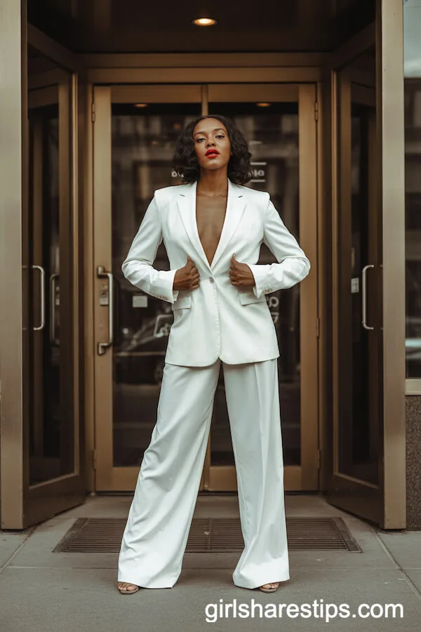 Power Suit: White Wide Leg Suit Pants and Blazer