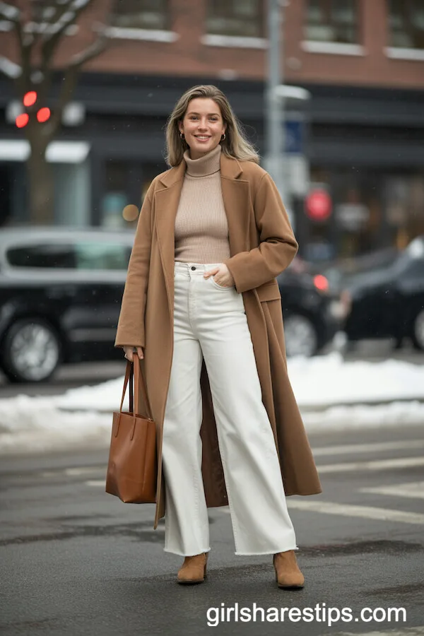 Winter Chic: White Wide Leg Pants with Turtleneck and Long Camel Coat