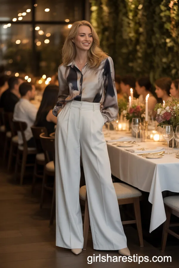 Romantic Dinner Outfit: White Wide Leg Pants and Abstract Print Blouse