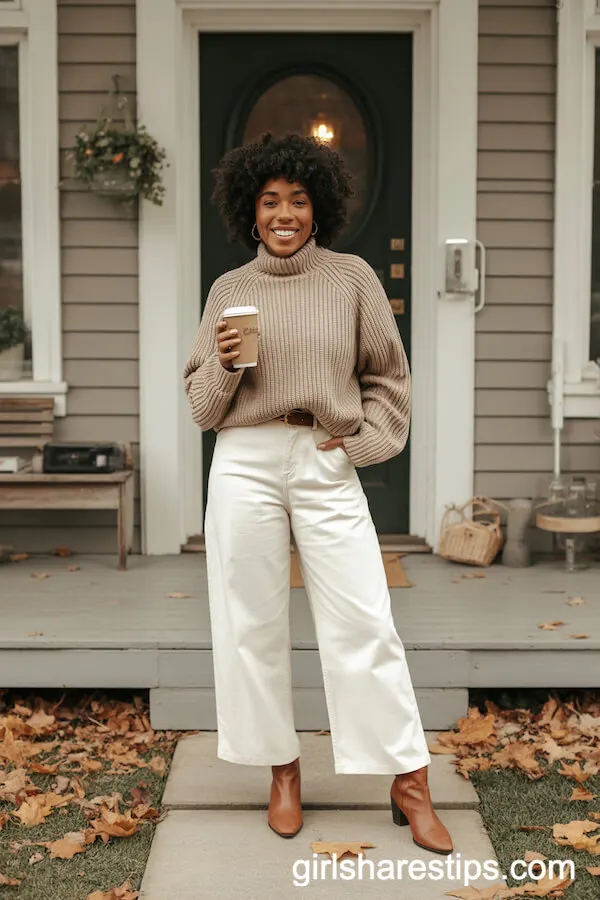 Cozy Fall Look: White Wide Leg Pants with Chunky Knit Sweater