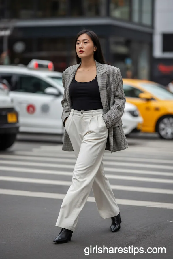 Urban Cool: White Wide Leg Pants, Black Tank, and Plaid Blazer